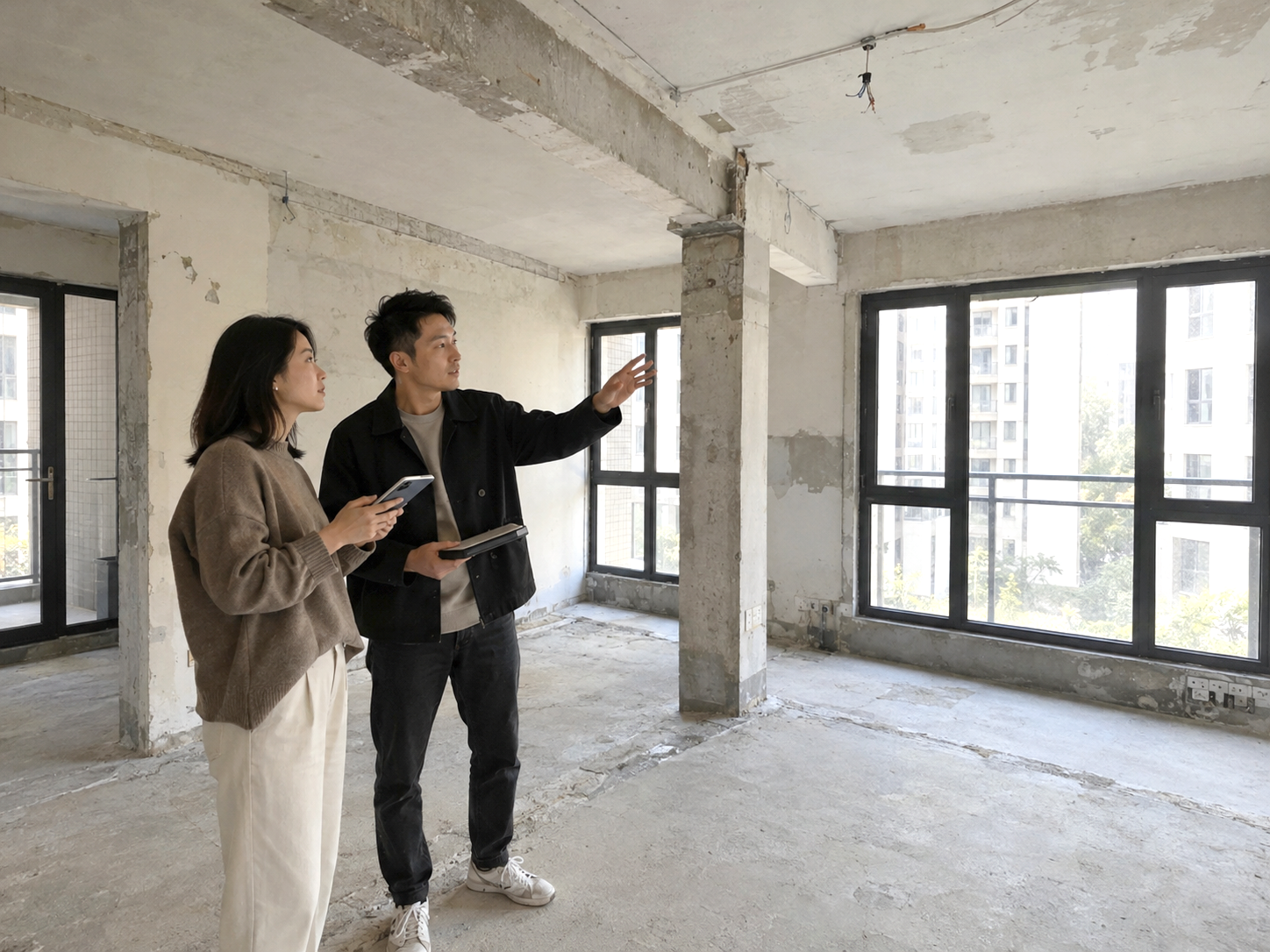 屋主與室內設計師一起觀看住宅的原況，並搭配新家平面圖討論適合實際空間與生活的設計方向。